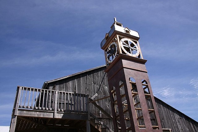 A reproduction of the downtown Peterborough clock tower is part of the The Hero of Hunter Street set design by Julia Tribe (photo: Jeannine Taylor / kawarthaNOW)