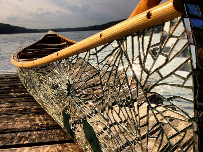 Artist and glass blower Brad Copping spent a year in residence at the Canadian Canoe Museum covering a 16' cedar strip canoe in a mirrored mosaic map. This canoe will be exhibited along with other pieces from this recent body of work in the Main Gallery at the Art Gallery of Peterborough in June.