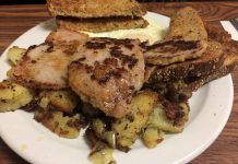 The big meat breakfast at the East City Coffee Shop featuring delicious peameal bacon (photo: Eva Fisher / kawarthaNOW)