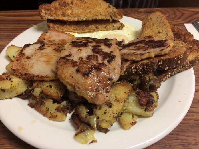 The big meat breakfast at the East City Coffee Shop featuring delicious peameal bacon (photo: Eva Fisher / kawarthaNOW)
