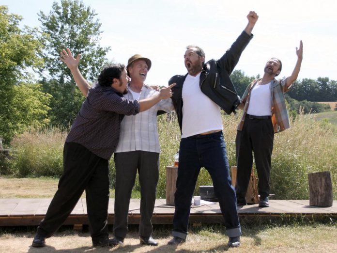 Ken Houston, Ryan Hollyman, Paul Braunstein, and John Tench perform a scene from "The Bad Luck Bank Robbers" at a media day at Winslow Farm in Millbrook. 4th Line Theatre is restaging the popular 2015 production from August 2 to 22, 2016. (Photo: Jeannine Taylor / kawarthaNOW)