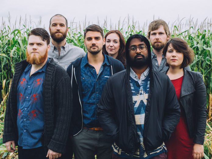 Newfoundland-based indie rock band Hey Rosetta! performs at Peterborough Musicfest on July 13. Founder Tim Baker (third from left), who was fascinated by anthropology in university, named the band after the Rosetta Stone and how it opened up a different way of seeing the world (photo: Scott Blackburn)