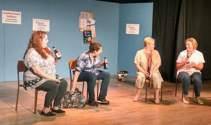 Nikki Duval as Mary, Tina Moreau as Barb, Sarah Quick as Amanda, and Jeanine Profeta as Terri in "Knickers! A Brief Comedy" at Globus Theatre in Bobcaygeon (photo: Sam Tweedle / kawarthaNOW)
