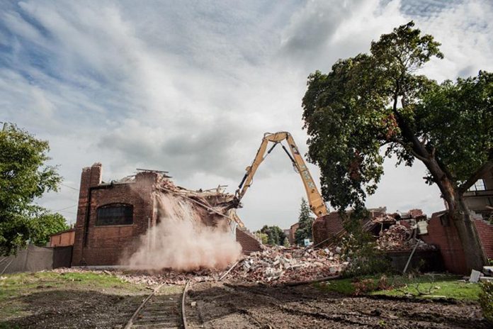 Demolition of Building 7, one of a series of photographs by Wayne Eardley of the historic buildings of General Electric in Peterborough (photo courtesy of Wayne Eardley)