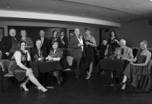 The cast of Ain't Misbehavin', which opens on September 30 for four performances at Showplace in Peterborough. Back row (standing): Danny Bronson, Jane Darling, Roy Braun, Gail Rowat, Nate Axcel, Darcy Mundle, Karen Ruth Brown, Esther Warren; front row (sitting): Natalie Dorsett, Tim Jeffries, April Boyce, Tim Rowat, Larry Smoot, Gillian Harknett. (Photo: Wayne Bonner)