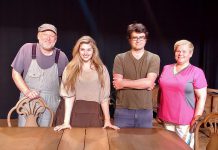 James Barrett, Kelly Holiff, Connor Thompson, and Sarah Quick star in "Funny Farmers". Globus Theatre's final production of the summer season runs at the Lakeview Arts Barn in Bobcaygeon until September 3. (Photo: Sam Tweedle / kawarthaNOW.com)