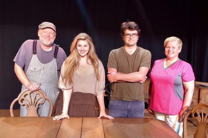 James Barrett, Kelly Holiff, Connor Thompson, and Sarah Quick star in "Funny Farmers". Globus Theatre's final production of the summer season runs at the Lakeview Arts Barn in Bobcaygeon until September 3. (Photo: Sam Tweedle / kawarthaNOW.com)