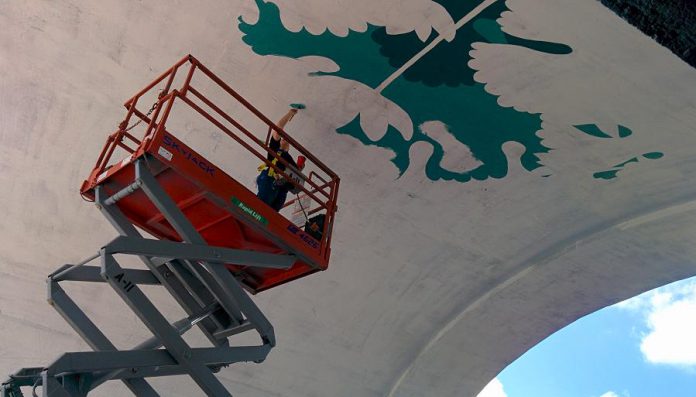 Edmonton artist Jill Stanton on the scissor lift under the Hunter St. Bridge in Peterborough. After completing a pencil outline, she has begun to paint her bloodroot mural design. (Photo: Bruce Head / kawarthaNOW)