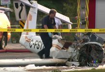 A Piper PA-38-112 Tomahawk aircraft stolen on August 12, 2016 crashed in Peterborough, killing the pilot (photo: CTV News/YouTube)