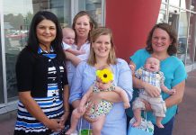 Shoppers Drug Mart pharmacist and owner Zebrina Kassam along with new moms and babies who thanked Shoppers for their support of PRHC Foundation: Jacquie and Nathan McCall, Katelyn and Lila Martino, and Jill Cooper and William Sanderson (photo courtesy of PRHC Foundation)