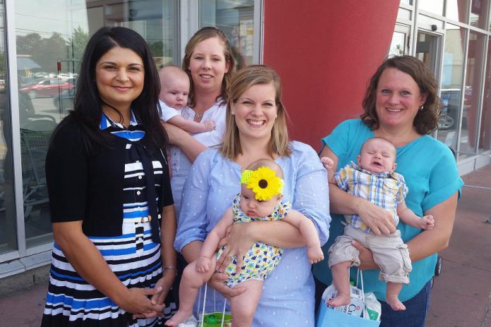 Shoppers Drug Mart pharmacist and owner Zebrina Kassam along with new moms and babies who thanked Shoppers for their support of PRHC Foundation: Jacquie and Nathan McCall, Katelyn and Lila Martino, and Jill Cooper and William Sanderson (photo courtesy of PRHC Foundation)