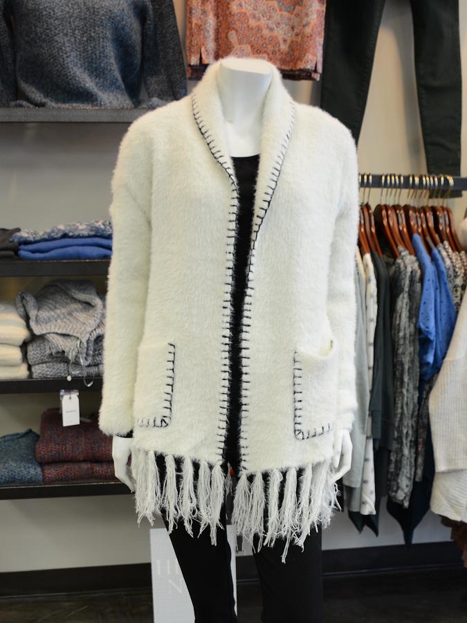 This acrylic open front sweater by Sisters can be belted or worn open for a cozy cold weather look. (Photo: Eva Fisher)