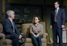 Mark Paton as con-man "Roat", Hilary Krysman Osborne as Susy Hendrix, and Justin Boyd as con-man "Mike Talman" in Wait Until Dark at the Peterborough Theatre Guild until October 8 (photo: Peterborough Theatre Guild / Facebook)