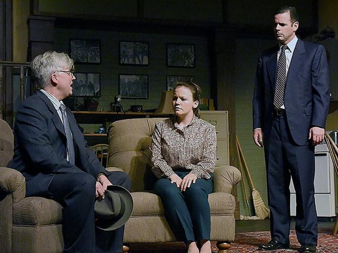 Mark Paton as con-man "Roat", Hilary Krysman Osborne as Susy Hendrix, and Justin Boyd as con-man "Mike Talman" in Wait Until Dark at the Peterborough Theatre Guild until October 8 (photo: Peterborough Theatre Guild / Facebook)