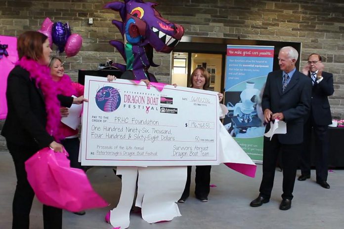 PRHC Foundation President and CEO Lesley Heighway (left) accepts a donation of $196,468.50 from members of Survivors Abreast and Peterborough's Dragon Boat Festival as PRHC President and CEO Dr. Peter McLaughlin and Peterborough mayor Daryl Bennett look on (photo: Impact Communications / PRHC Foundation)
