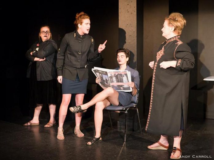 Meg O'Sullivan, Naomi Duvall, Natalie Paproski-Ruvianes, and Lorna Green are members of The Democracy in Ryan Kerr's production of The Makers of Madness, which runs until October 8 at The Theatre on King in downtown Peterborough (photo: Andy Carroll)