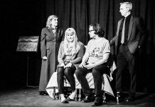 The Peterborough Theatre Guild's production of "My Narrator" stars Tina Johnston as Lacey's narrator Barb, Nicole Roy as Lacy, Derek Weatherdon as Miles, and Mark Gray as Mile's narrator Bob (photo: Peterborough Theatre Guild / Facebook)