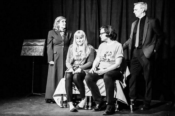 The Peterborough Theatre Guild's production of "My Narrator" stars Tina Johnston as Lacey's narrator Barb, Nicole Roy as Lacy, Derek Weatherdon as Miles, and Mark Gray as Mile's narrator Bob (photo: Peterborough Theatre Guild / Facebook)