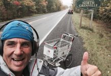Joe Roberts, who is pushing a shopping cart across Canada for youth homelessness, arriving in eastern Ontario earlier in October. He is speaking in Peterborough and Lindsay on October 16, with a big celebration in Toronto in October 23. (Photo: The Push for Change)