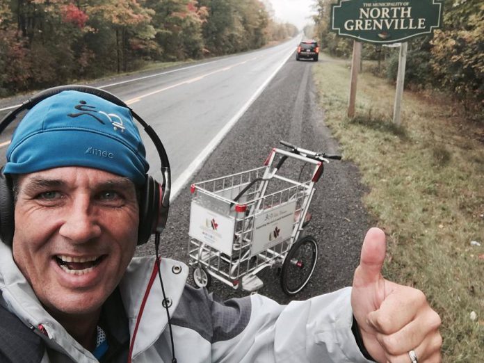 Joe Roberts, who is pushing a shopping cart across Canada for youth homelessness, arriving in eastern Ontario earlier in October. He is speaking in Peterborough and Lindsay on October 16, with a big celebration in Toronto in October 23. (Photo: The Push for Change)