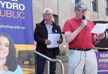 Peterborough activist Roy Brady speaks at a 2016 media conference outside Peterborough City Hall protesting the potential sale of PDI to Hydro One (photo: Keep Hydro Public)