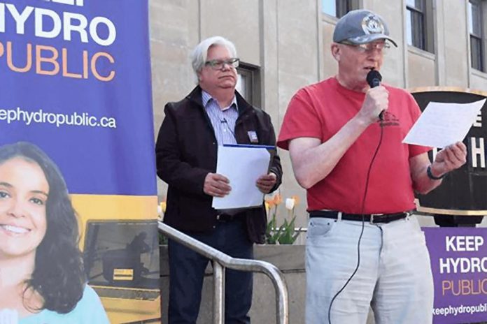Peterborough activist Roy Brady speaks at a 2016 media conference outside Peterborough City Hall protesting the potential sale of PDI to Hydro One (photo: Keep Hydro Public)