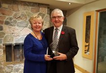 RBC's Kris Keller, Kawartha Chamber board president, with Citizen of the Year Karl Moher (photo: Jeannine Taylor / kawarthaNOW)