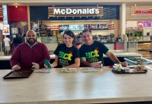 Lansdowne Place has been recognized locally and nationally for its commitment to sustainability. Here the mall's security manager Keith Correia, marketing director Emily Dart, and operations manager Mario Serracino Place launch "A Greener Way to Clean Your Tray" in the Lansdowne Place Food Court. (Photo courtesy of Lansdowne Place)