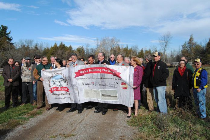 Officials including Peterborough-Kawartha MP Maryam Monsef, County of Peterborough Warden J. Murray Jones, and MPP Peterborough and Minister of Agriculture, Food and Rural Affairs Jeff Leal participating in the federal government funding announcement on November 10, 2016 at Lang Pioneer Village Museum in Keene (photo: County of Peterborough)