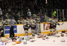 Some of the 1,525 toys for the Country 105/Energy 99.7 Miracle Toy Drive that fans tossed on the ice at last night's Petes' game (photo: Peterborough Petes)