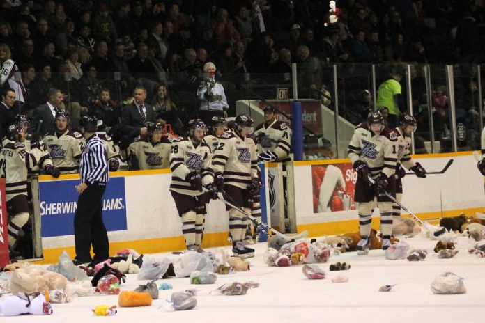 Some of the 1,525 toys for the Country 105/Energy 99.7 Miracle Toy Drive that fans tossed on the ice at last night's Petes' game (photo: Peterborough Petes)