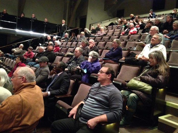 Members of the public at Peterborough's Market Hall, almost all opposed to the proposed sale, left disappointed when City Council voted 6-5 in favour of selling the electricity distribution utility to Hydro One (photo; Paul Rellinger / kawarthaNOW)