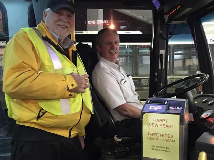 The free New Year's Eve service on Peterborough Transit was first offered in 2015, sponsored by Wolfe Lawyers. (Photo: Don Vassiliadis / Twitter)