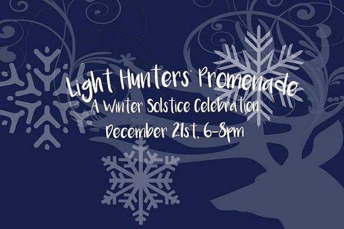 Celebrate the return of the light on the winter solstice with the first annual Light Hunters' Promenade takes place from 6 to 8 p.m. on December 21st in downtown Peterborough (graphic: Atelier Ludmila)