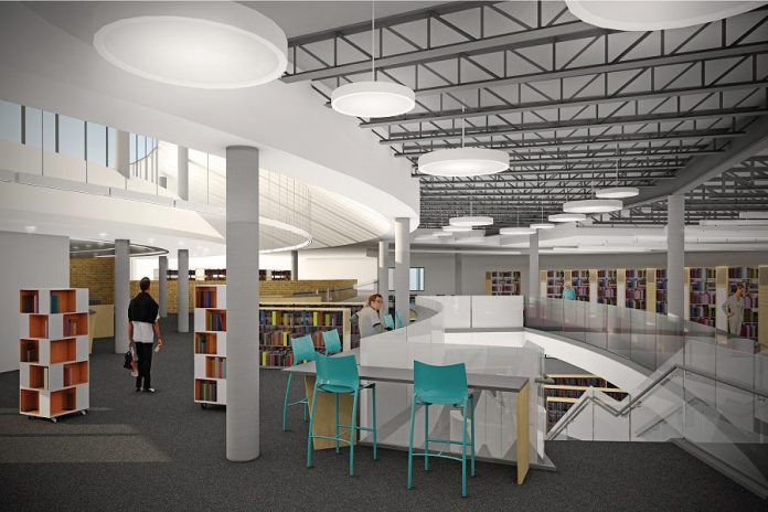 A design rendering of the interior of the new Peterborough Public Library on Alymer Street, which is expected to reopen by late summer 2017 (graphic: +VG Architects and Intercede Design Consultants)