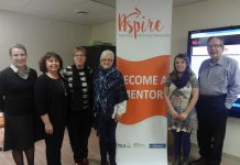 Peterborough M.P.P. Jeff Leal (right) at the launch of the Aspire website, with Aspire Volunteer Coordinator Bethann Brown, John Howard Society Executive Director Kathy Neill, Trent Valley Literacy Association Program Director Lesley Hamilton, and Mentor Emily Warren (photo: Aspire)