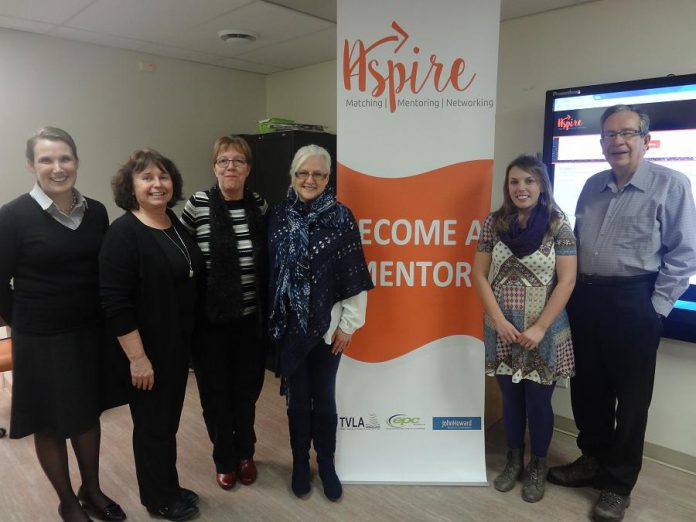 Peterborough M.P.P. Jeff Leal (right) at the launch of the Aspire website, with Aspire Volunteer Coordinator Bethann Brown, John Howard Society Executive Director Kathy Neill, Trent Valley Literacy Association Program Director Lesley Hamilton, and Mentor Emily Warren (photo: Aspire)