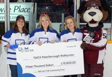 At the January 7th Peterborough Petes game, YWCA Peterborough Haliburton received a $15,000 cheque from the Bell Let's Talk Community fund for mental health programs for women at YWCA Crossroads Shelter (photo courtesy of YWCA Peterborough Haliburton)