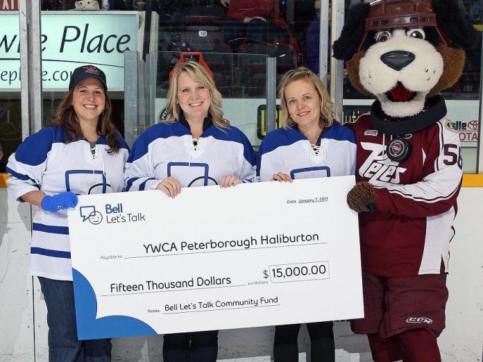 At the January 7th Peterborough Petes game, YWCA Peterborough Haliburton received a $15,000 cheque from the Bell Let's Talk Community fund for mental health programs for women at YWCA Crossroads Shelter (photo courtesy of YWCA Peterborough Haliburton)