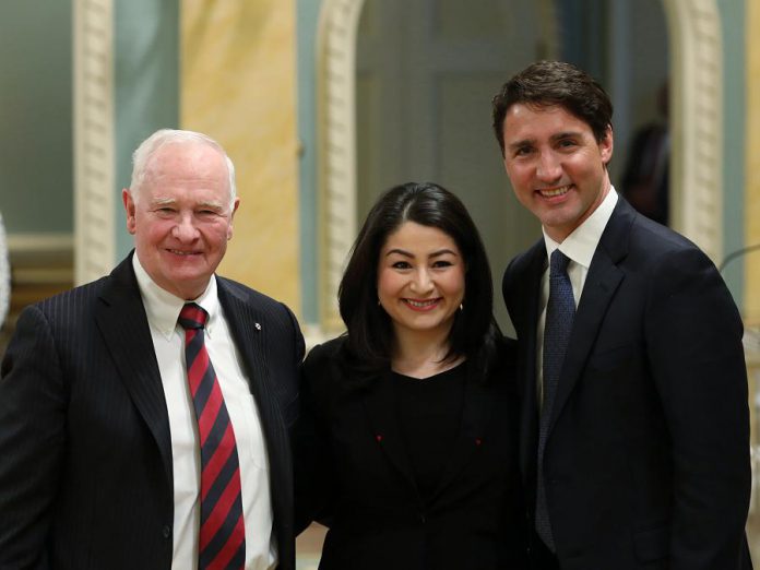 Peterborough-Kawartha MP Maryam Monsef, pictured here with Governor General David Johnston and Prime Minister Justin Trudeau, was sworn in on January 10, 2017 as Minister of Status of Women (photo: Adam Scott)