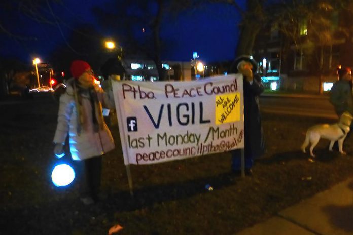 The Peterborough Peace Council is dedicating its monthly vigil in downtown Peterborough on January 30 to the victims of the Quebec City mosque (photo: Margaret Slavin / Facebook)