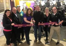 At the grand opening of Planet Fitness in Lindsay on January 25: Danni Allen (winner of NBC's The Biggest Loser season 14), Bob Armstrong (Board of Directors of Lindsay Chamber of Commerce), Patrick O'Reilly (Lindsay City councillor), Stacey Scheirer (Senior Director of Canadian Operations for Taymax Planet Fitness), Mayor Andy Letham, Colleen Collins (Executive Director of the Lindsay Chamber of Commerce), and Nathan Calden (Assistant General Manager of Planet Fitness Lindsay). Photo courtesy of Planet Fitness Lindsay.