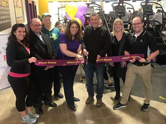 At the grand opening of Planet Fitness in Lindsay on January 25: Danni Allen (winner of NBC's The Biggest Loser season 14), Bob Armstrong (Board of Directors of Lindsay Chamber of Commerce), Patrick O'Reilly (Lindsay City councillor), Stacey Scheirer (Senior Director of Canadian Operations for Taymax Planet Fitness), Mayor Andy Letham, Colleen Collins (Executive Director of the Lindsay Chamber of Commerce), and Nathan Calden (Assistant General Manager of Planet Fitness Lindsay). Photo courtesy of Planet Fitness Lindsay.