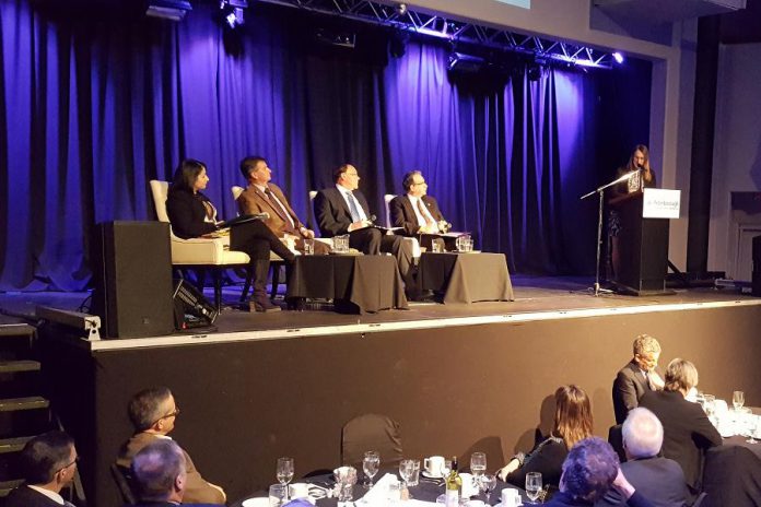 MP Maryam Monsef, County Warden Joe Taylor, Mayor Daryl Bennett, and MPP Jeaf Leal listen to a question from moderator Sandra Dueck at the "Power Hour" event hosted by the Peterborough Chamber of Commerce on January 25, 2017. (photo: Jeannine Taylor / kawarthaNOW)