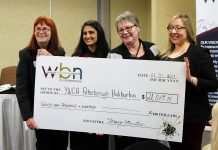 YWCA Peterborough Haliburton Executive Director Lynn Zimmer (left) and Special Events Coordinator Nicole Pare (right) accept the $21,019.75 cheque from WBN Program Directors Sana Virji and Louise Racine (photo: Paula Kehoe / WBN)