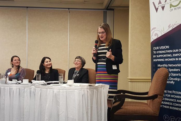 The Women in Politics panel: Peterborough City Councillor Diane Therrien, Peterborough-Kawartha MP and Minister of Status of Women Maryam Monsef, and Selwyn Township Mayor Mary Smith, with moderator Sandra Dueck of the Peterborough Chamber of Commerce (photo: Jeannine Taylor / kawarthaNOW)