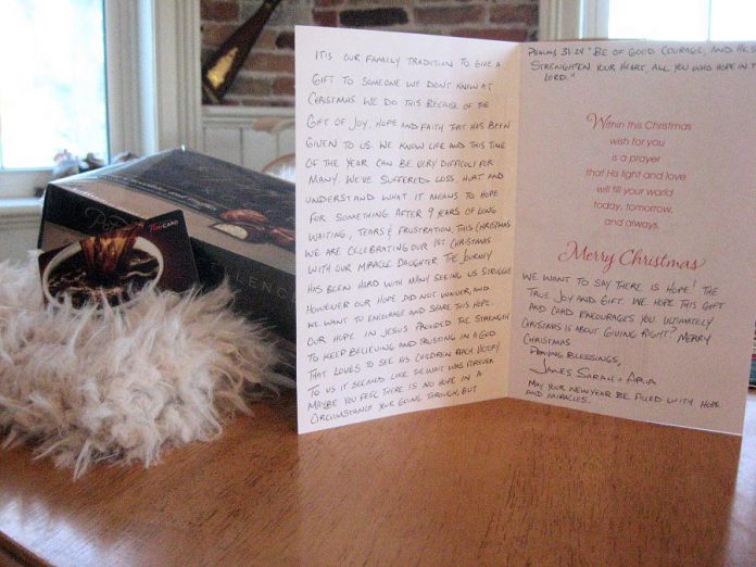 The gift included a scarf, chocolates, a Tim Horton's gift card, and a handwritten Christmas card with a message of hope (photo: Susan McKenzie)