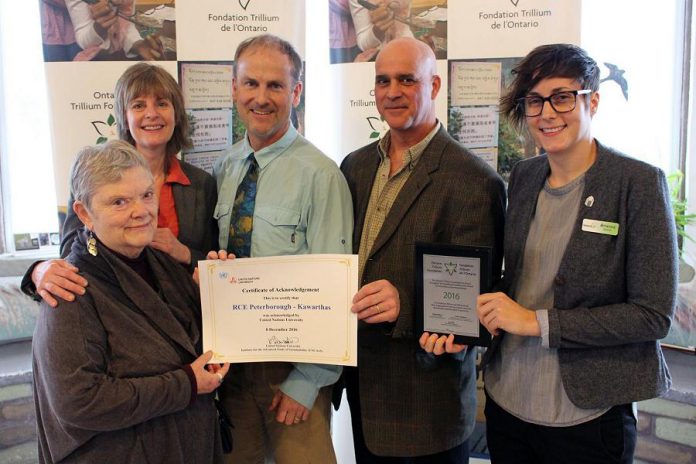 Members of the RCE Coordinating Committee: Linda Slavin of For Our Grandchildren, Jane Gray of Fleming College, Cam Douglas (Secondary School Teacher), Jacob Rodenburg of Camp Kawartha, and Brianna Salmon of GreenUP (photo courtesy of GreenUP)