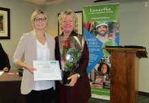 Carla Hunt has retired after 35 years at ServiceOntario in Lakefield, which is operated by the Kawartha Chamber of Commerce & Tourism. Carla, pictured with outgoing Chamber president Kris Keller, was recognized at the Chamber Annual General Meeting on February 15.