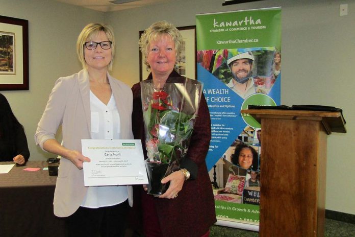 Carla Hunt has retired after 35 years at ServiceOntario in Lakefield, which is operated by the Kawartha Chamber of Commerce & Tourism. Carla, pictured with outgoing Chamber president Kris Keller, was recognized at the Chamber Annual General Meeting on February 15.